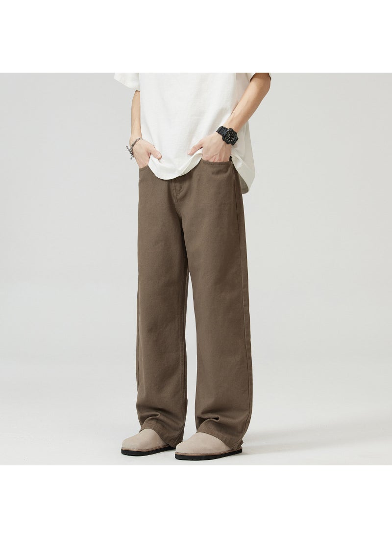 LKTM Mens Basic Casual Solid Jeans High-Quality Wide Leg Brown