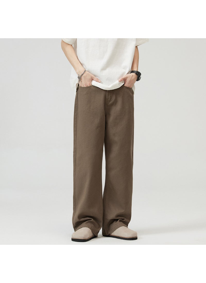 LKTM Mens Basic Casual Solid Jeans High-Quality Wide Leg Brown