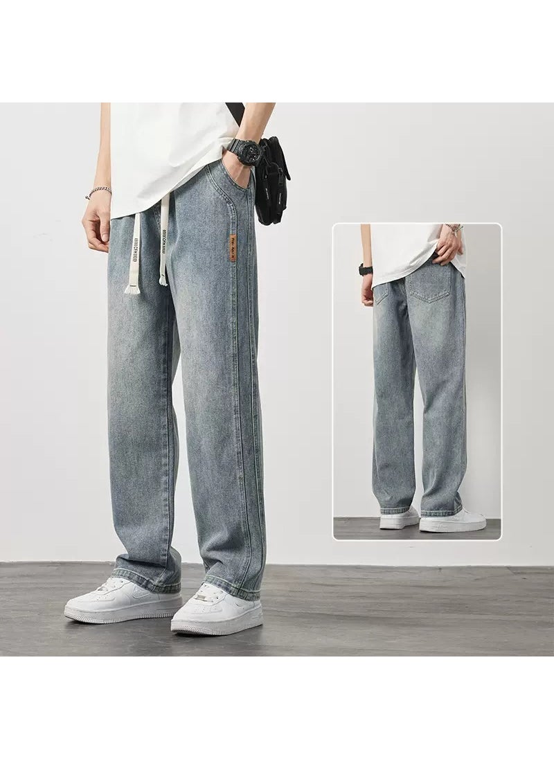 Mens Summer Thin Ice Silk Jeans 2023 Trendy American Loose Casual Wide Leg vintage blue