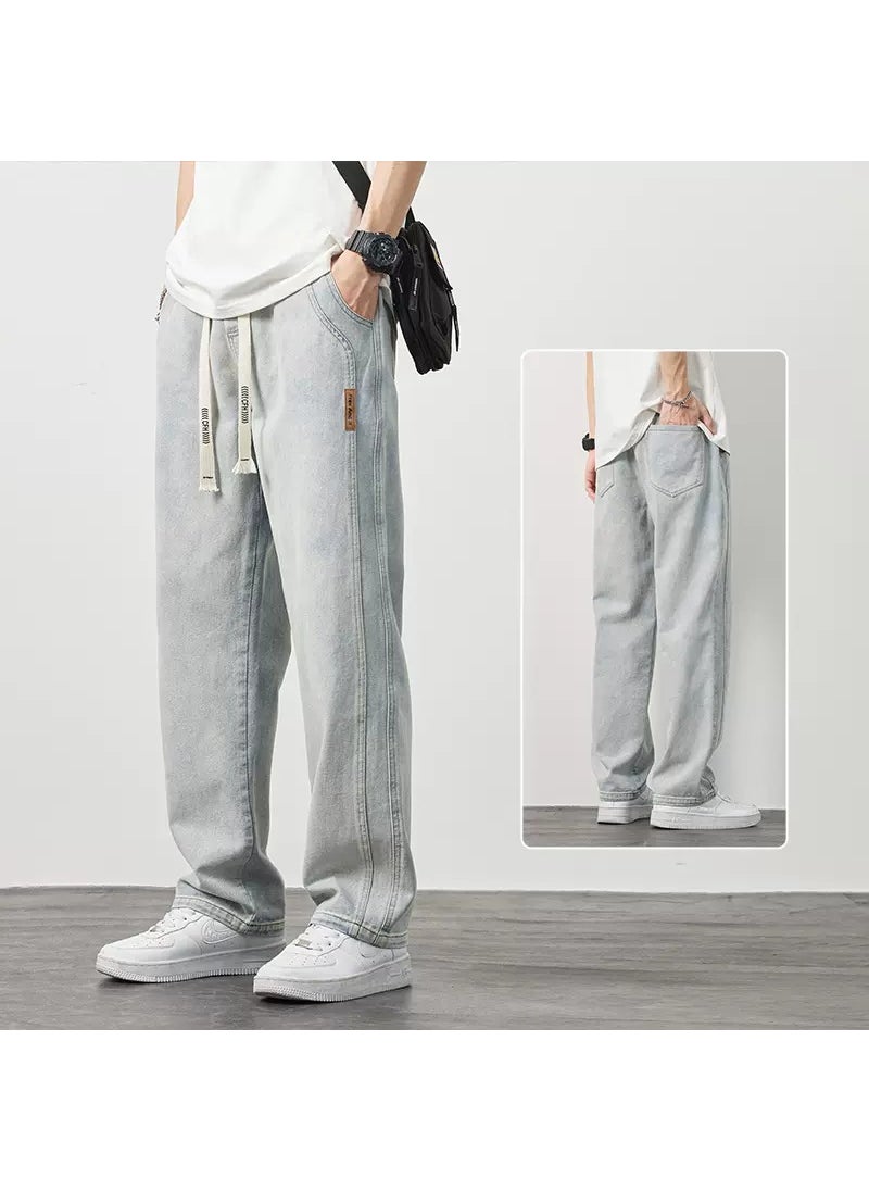 Mens Summer Thin Ice Silk Jeans 2023 Trendy American Loose Casual Wide Leg light white blue