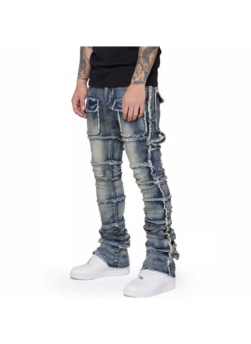 Mens Fashion Elastic Patch Jeans Black