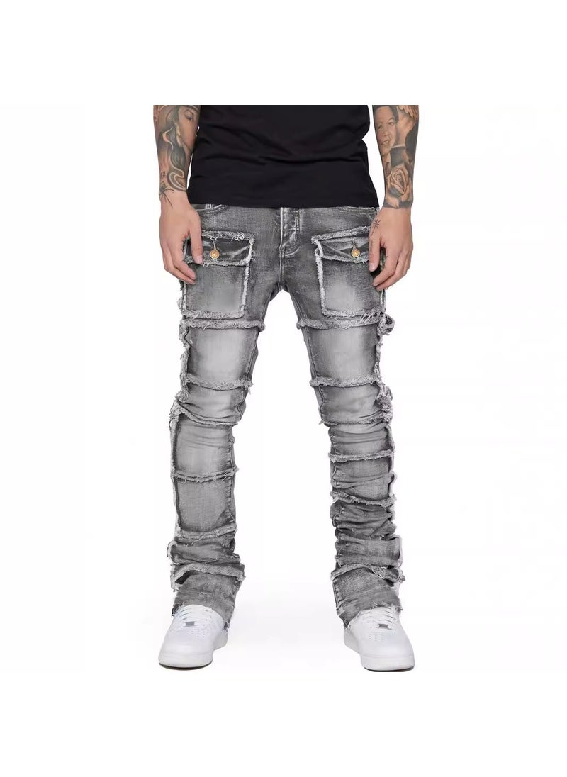 Mens Fashion Elastic Patch Jeans Black