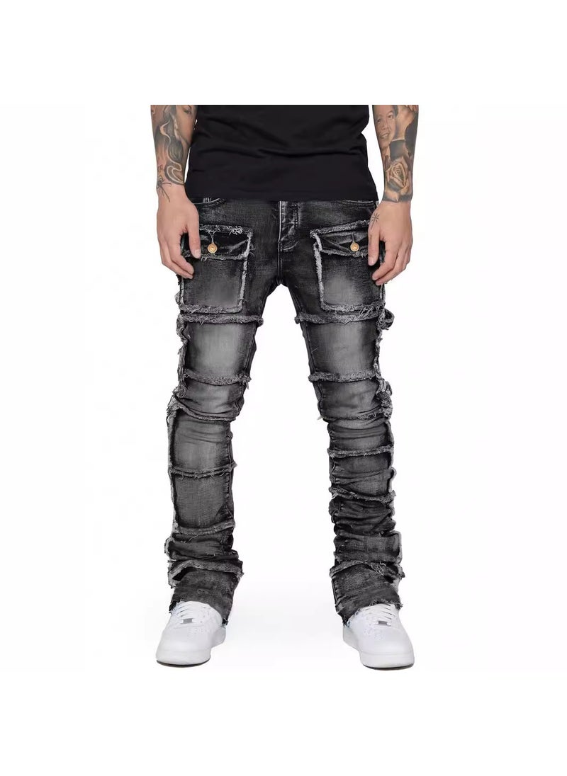 Mens Fashion Elastic Patch Jeans Black