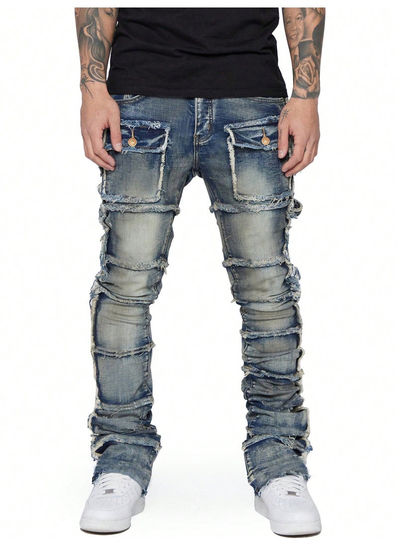 Mens Fashion Elastic Patch Jeans Black