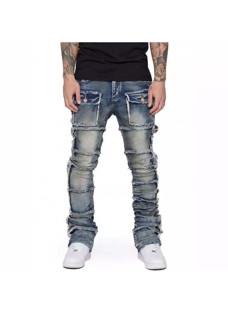 Mens Fashion Elastic Patch Jeans Blue