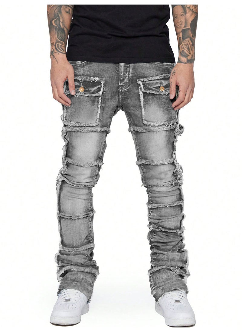 Mens Fashion Elastic Patch Jeans Grey