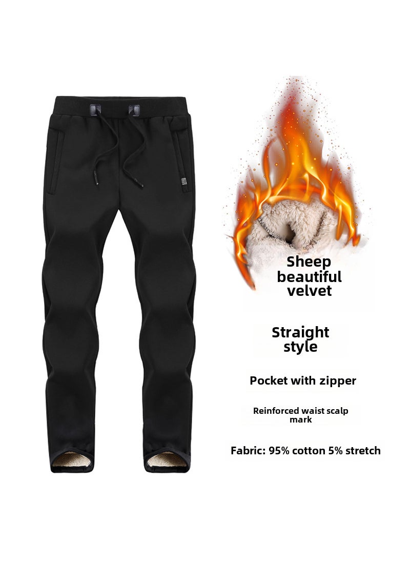 Winter Fleece-Lined Slim Sweatpants for Men Straight Black