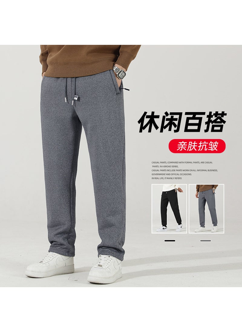 Lambswool casual pants mens autumn and winter fleece-lined thickened sports pants winter warm loose straight ankle-tied sweatpants Gray flat mouth