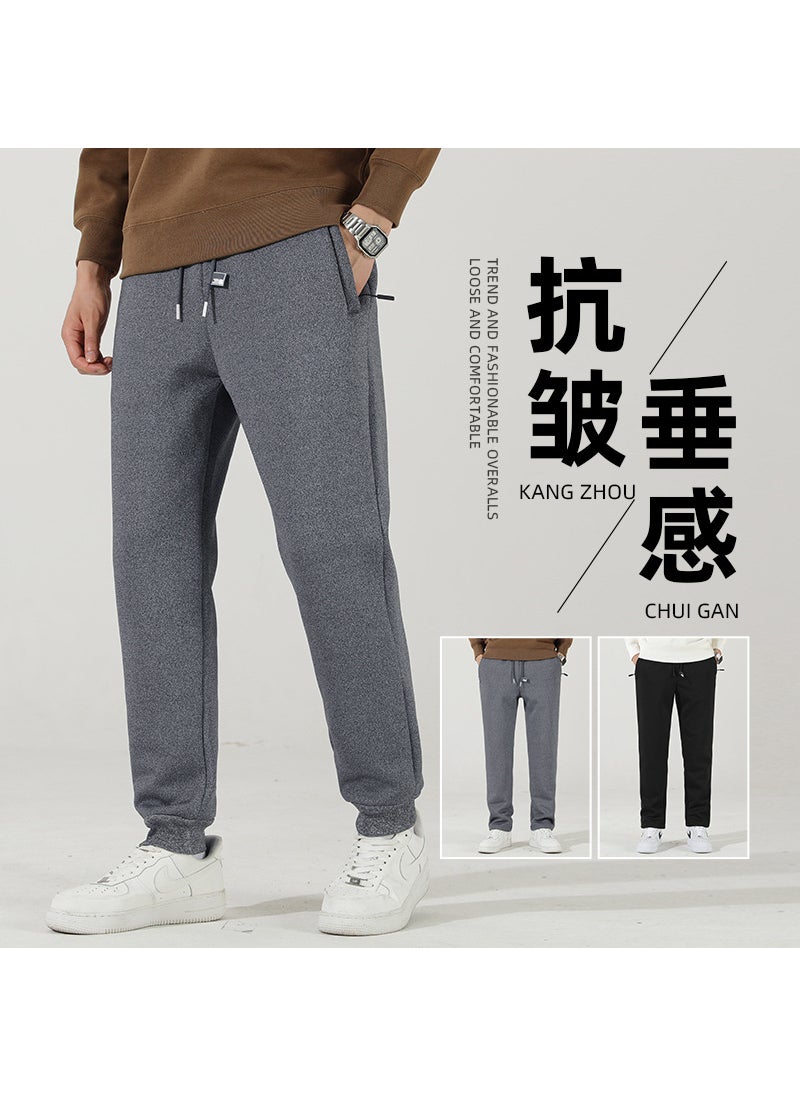 Lambswool casual pants mens autumn and winter fleece-lined thickened sports pants winter warm loose straight ankle-tied sweatpants Gray drawstring