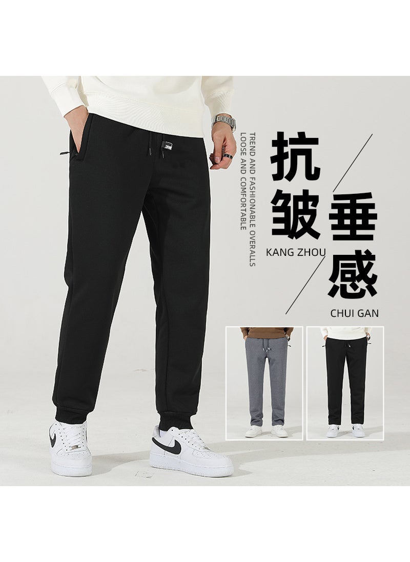 Lambswool casual pants mens autumn and winter fleece-lined thickened sports pants winter warm loose straight ankle-tied sweatpants Black drawstring