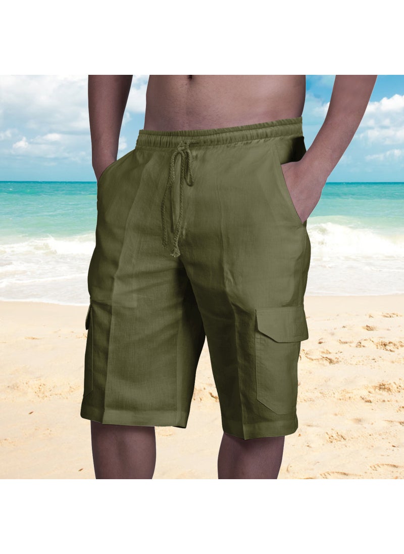 Summer Mens Cargo Shorts Multi-Pocket Drawstring Green