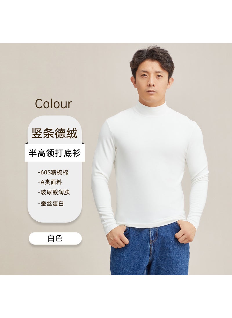 Undershirt mens autumn and winter New de Velvet antibacterial casual turtleneck double-sided brushed heating inner warm top T-shirt White