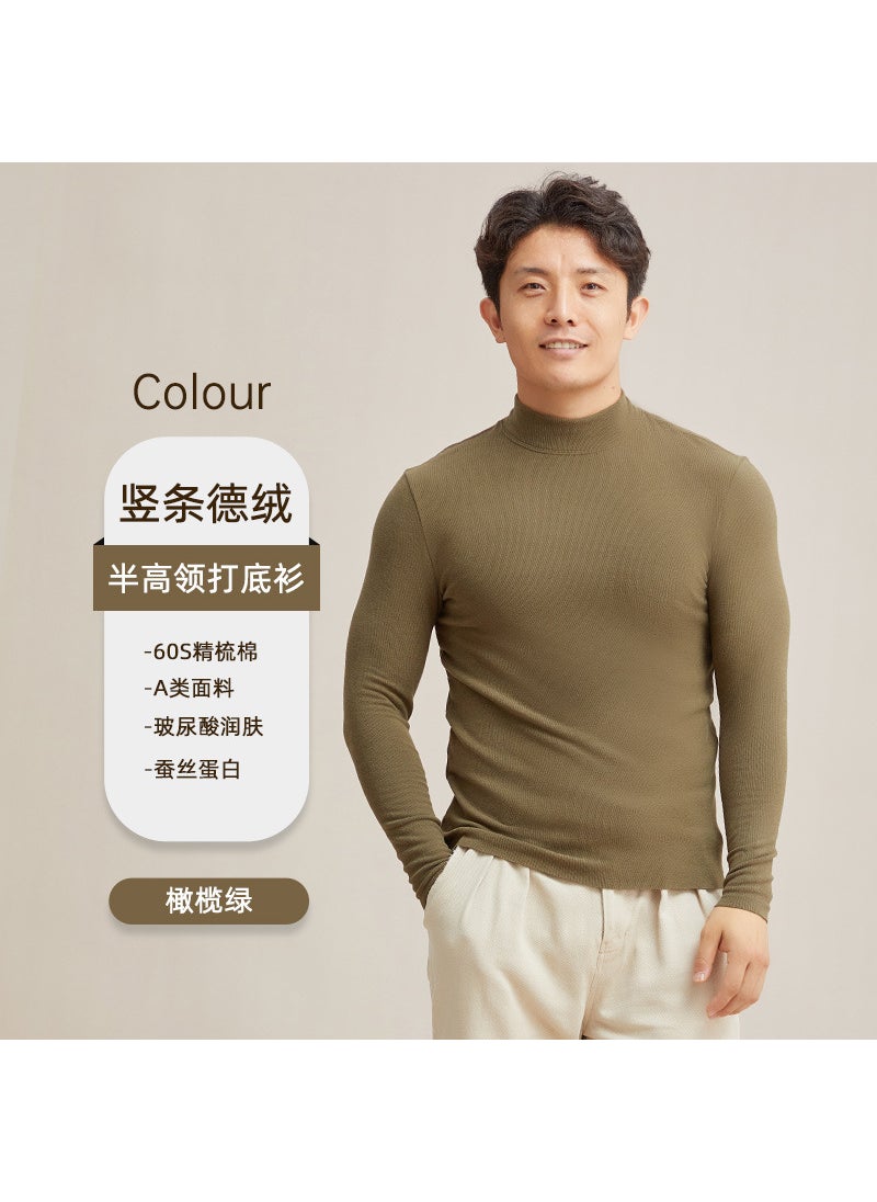 Undershirt mens autumn and winter New de Velvet antibacterial casual turtleneck double-sided brushed heating inner warm top T-shirt Olive green