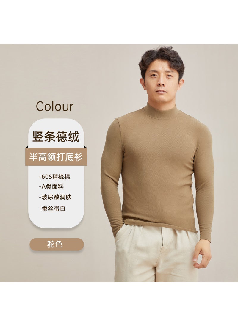 Undershirt mens autumn and winter New de Velvet antibacterial casual turtleneck double-sided brushed heating inner warm top T-shirt Camel