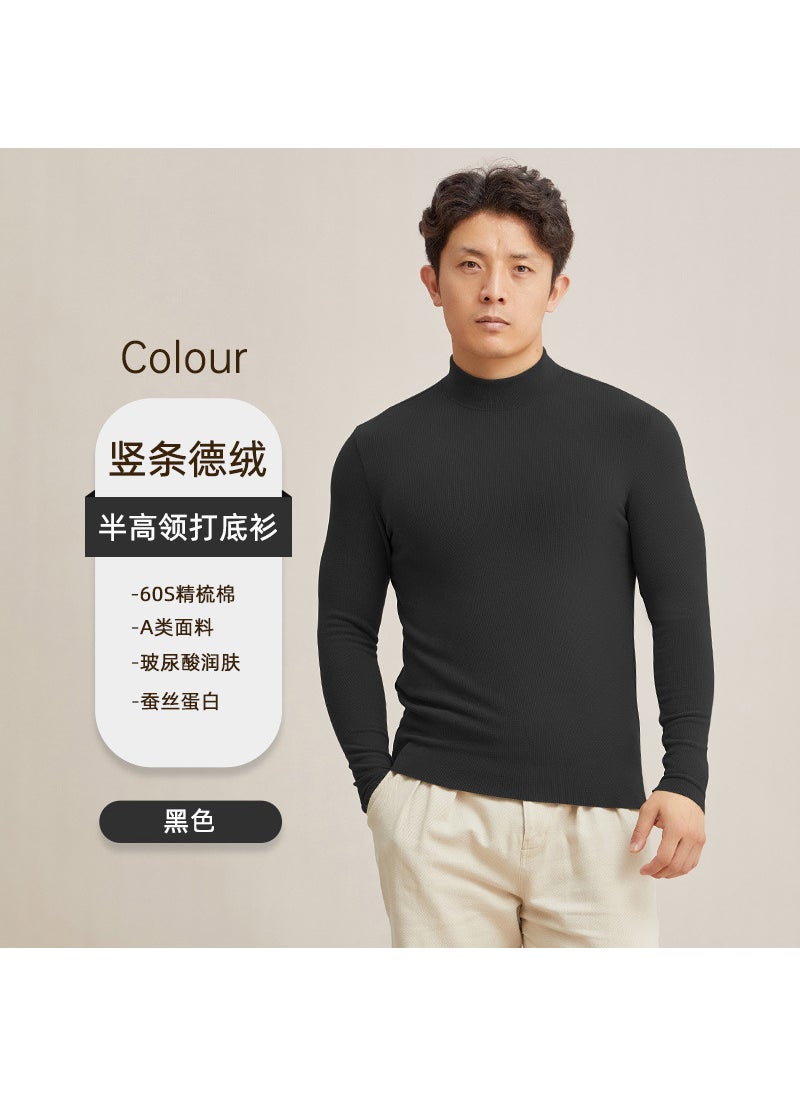 Undershirt mens autumn and winter New de Velvet antibacterial casual turtleneck double-sided brushed heating inner warm top T-shirt Black