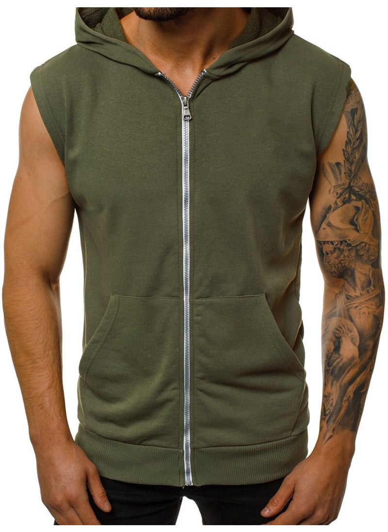 2020 Mens Sleeveless Hooded Vest Casual Fashion Gym Tank Army Green