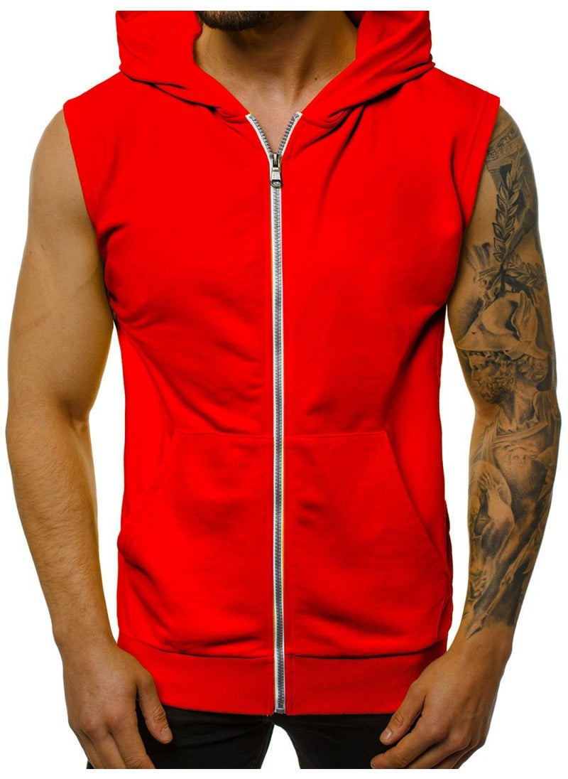 2020 Mens Sleeveless Hooded Vest Casual Fashion Gym Tank Red