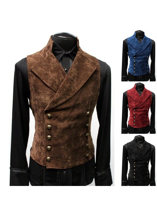 2021 autumn and winter mens cross-border wish trendy Korean style suit stand collar suede double breasted coat vest fashion Wine Red