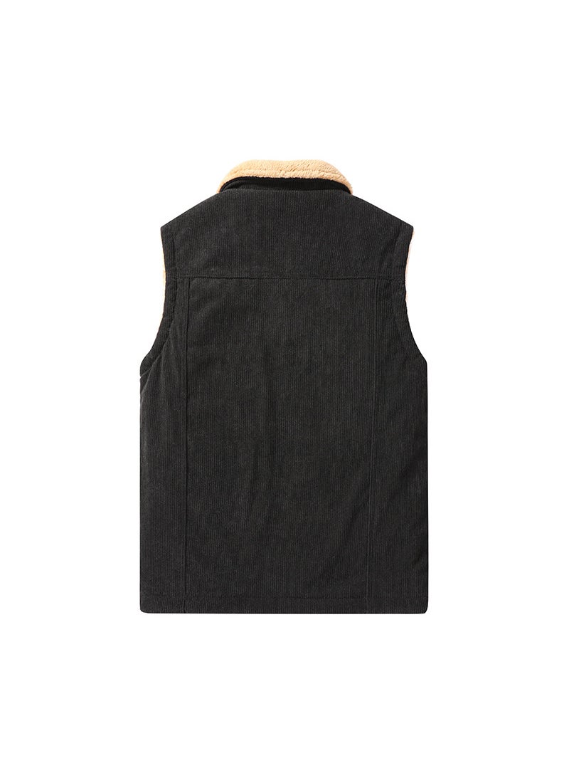 Mens waistcoat corduroy velvet padded warm large size waistcoat for lovers spring autumn and winter lambskin coat cotton waistcoat Black