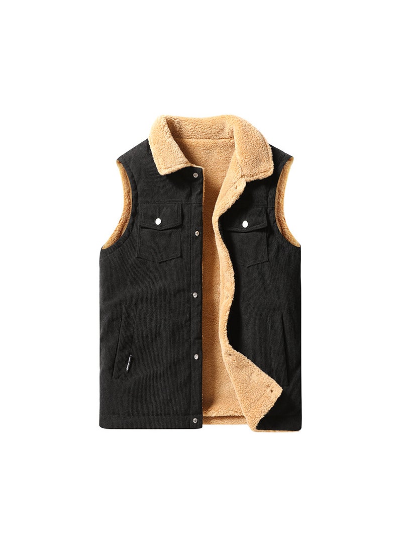 Mens waistcoat corduroy velvet padded warm large size waistcoat for lovers spring autumn and winter lambskin coat cotton waistcoat Black