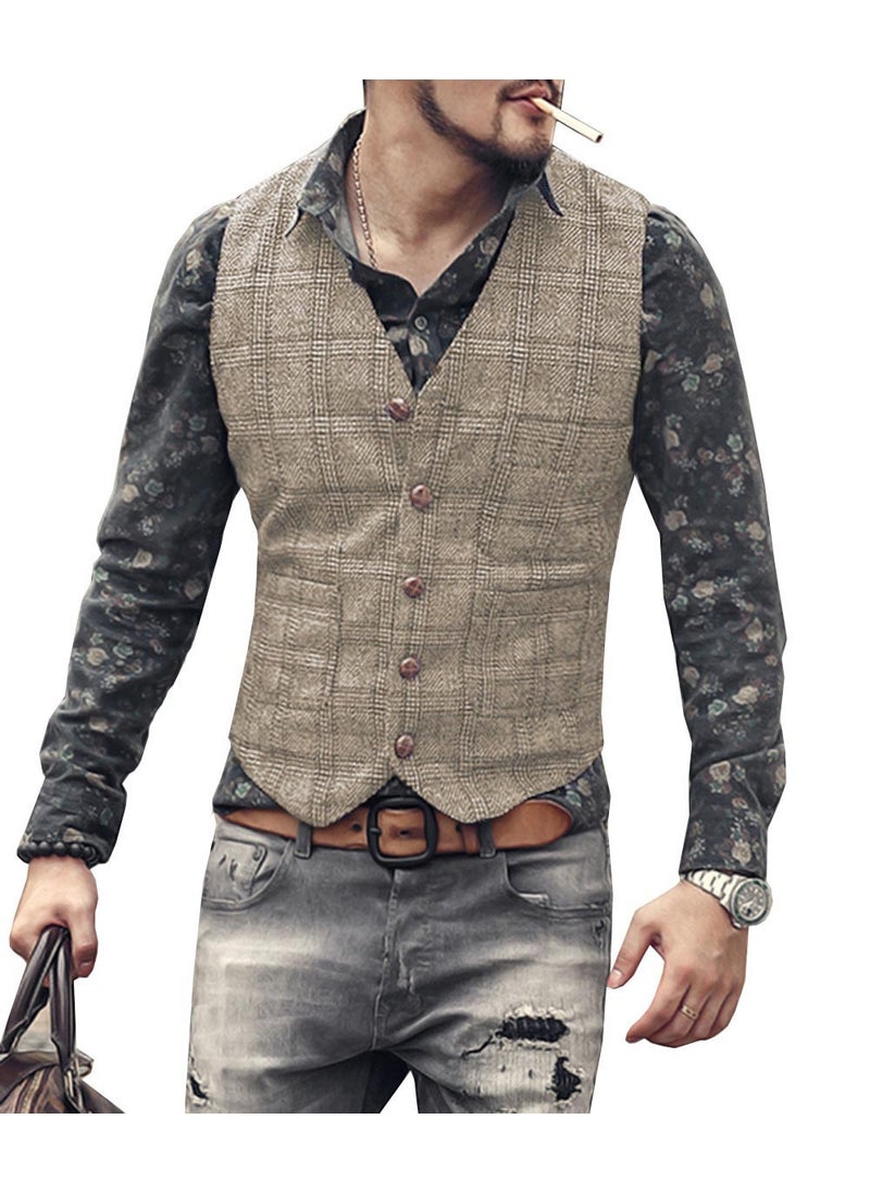 Mens suit vest cross-border preferred Plaid casual vest groom best man slim vest Champagne