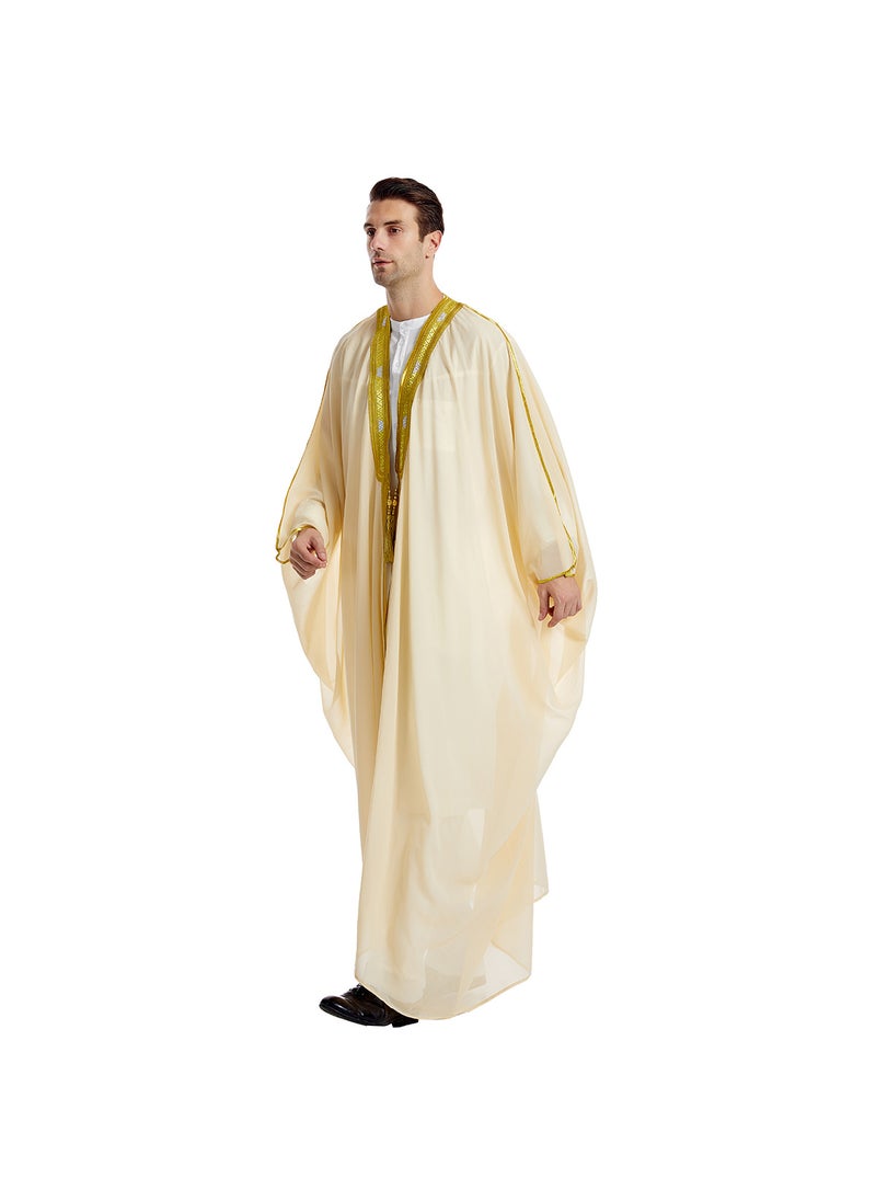 Factory in stock mens robe, TH834, Arabic mens embroidered long sleeve hanging beard gold bead chiffon outerwear Beige