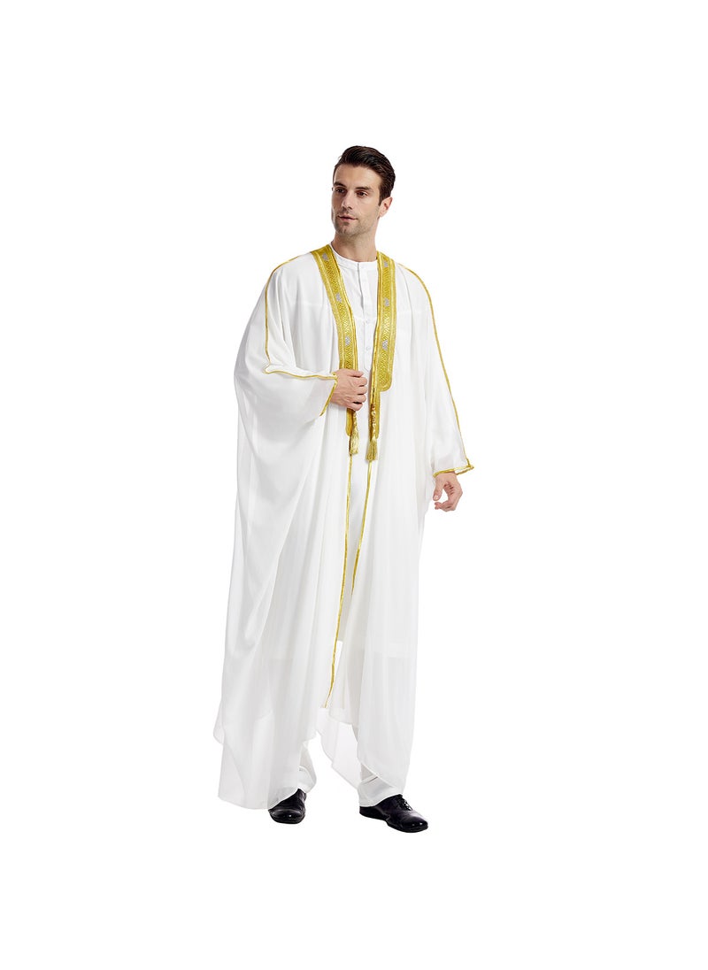 Factory in stock mens robe, TH834, Arabic mens embroidered long sleeve hanging beard gold bead chiffon outerwear White