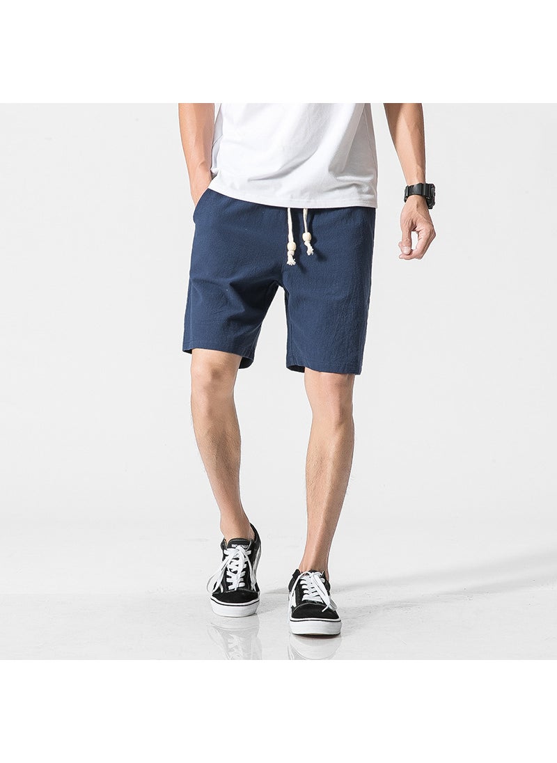 Mens Cotton Linen Shorts Casual Loose Capris Blue