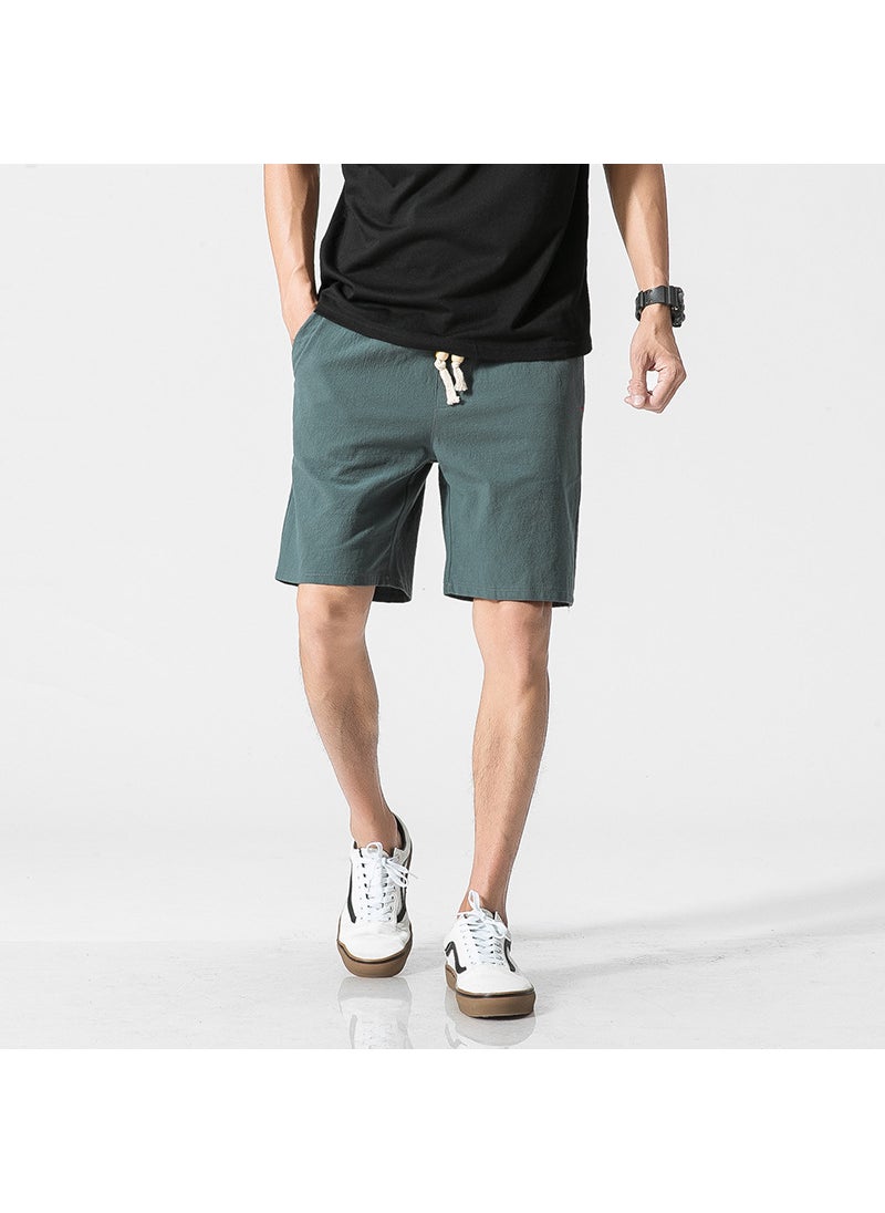 Mens Cotton Linen Shorts Casual Loose Capris Dark green