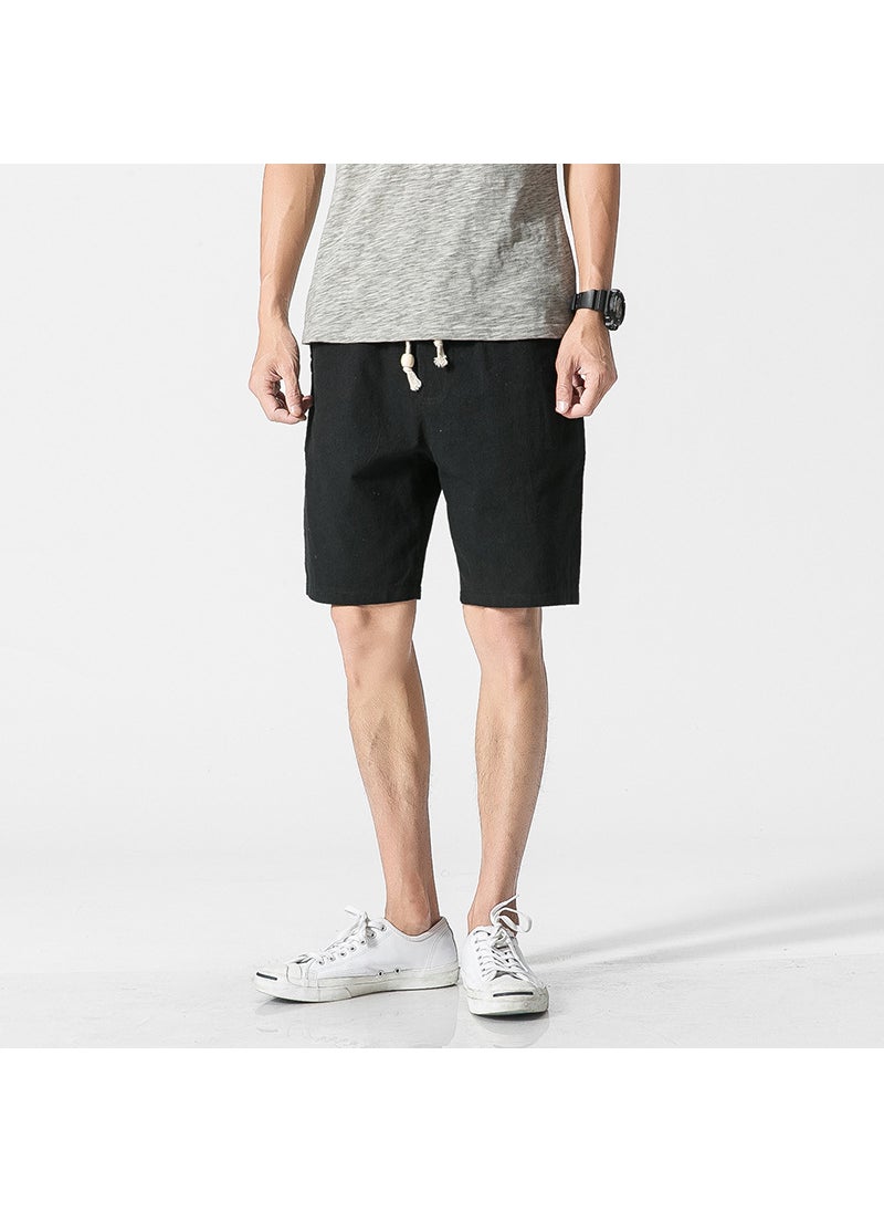 Mens Cotton Linen Shorts Casual Loose Capris Black