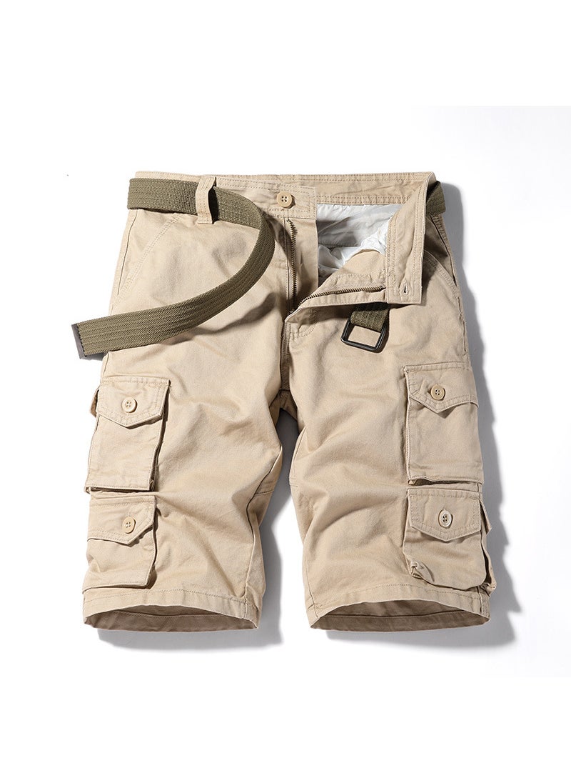 Mens Summer 2021 Multi-Pocket Washed Casual Shorts Khaki