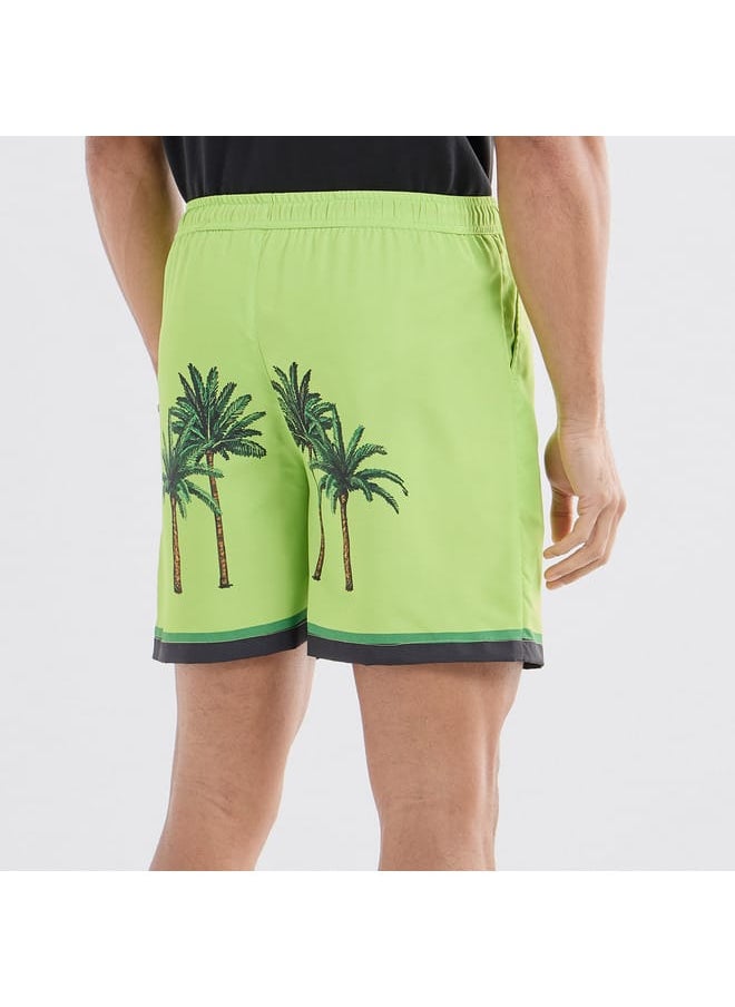 Palm Tree Print Shorts with Drawstring Closure and Pockets