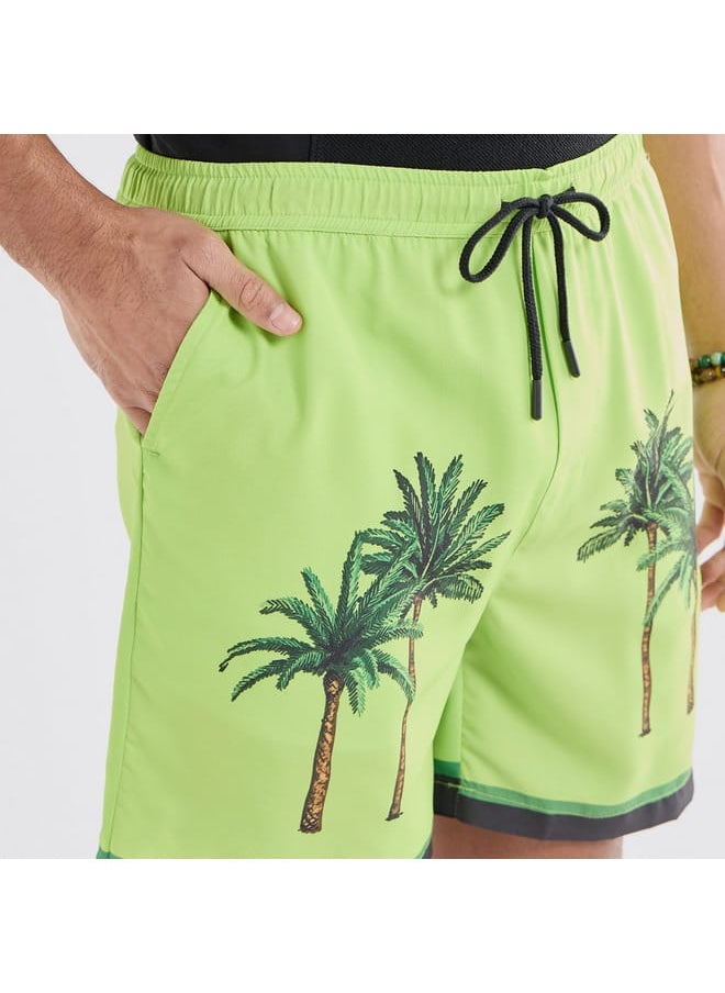 Palm Tree Print Shorts with Drawstring Closure and Pockets