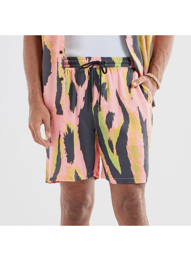 All-Over Print Flexi Waist Shorts with Pockets and Drawstring Closure