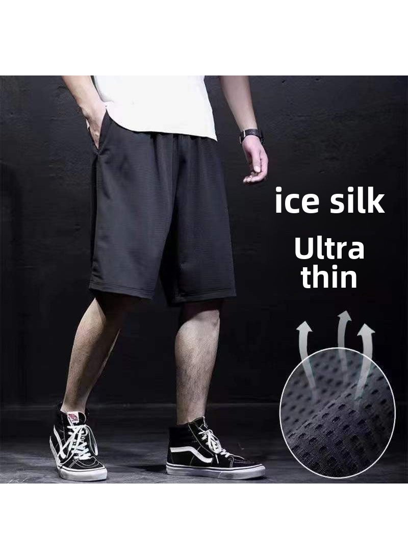 Sports Shorts Mens Quick-drying Ice Silk Pants Summer Thin Running Fitness Loose Casual Mesh Air Conditioning Pants Black Mesh