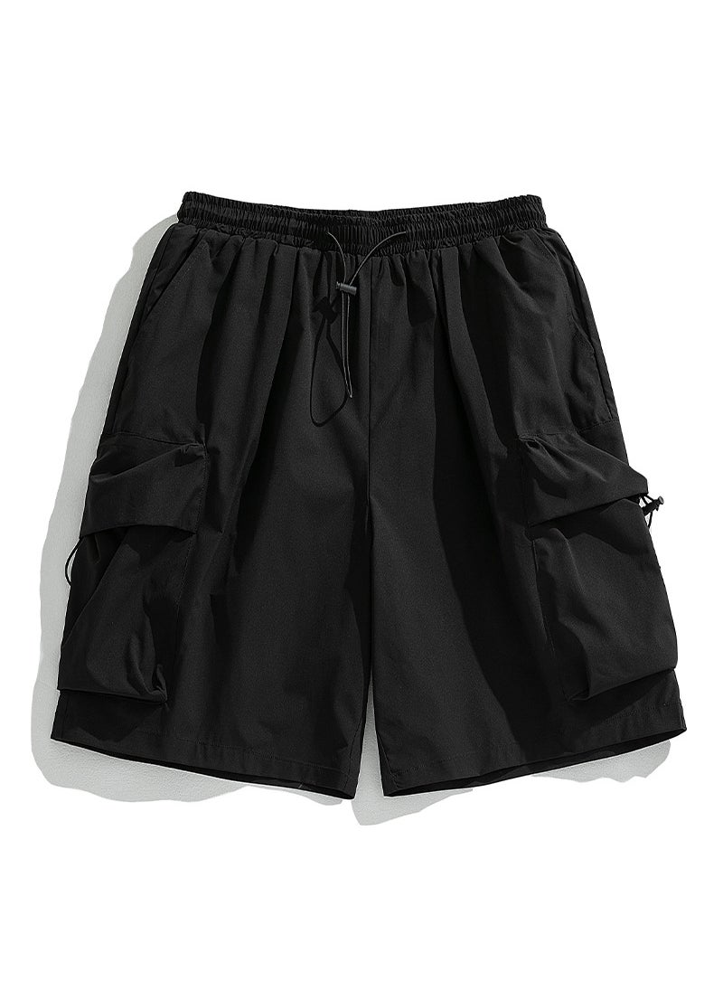 Three-Dimensional Large Pocket Loose Tooling Shorts Mens Summer Casual Stretch Rope Sports Function Japanese Style Half Pants Black