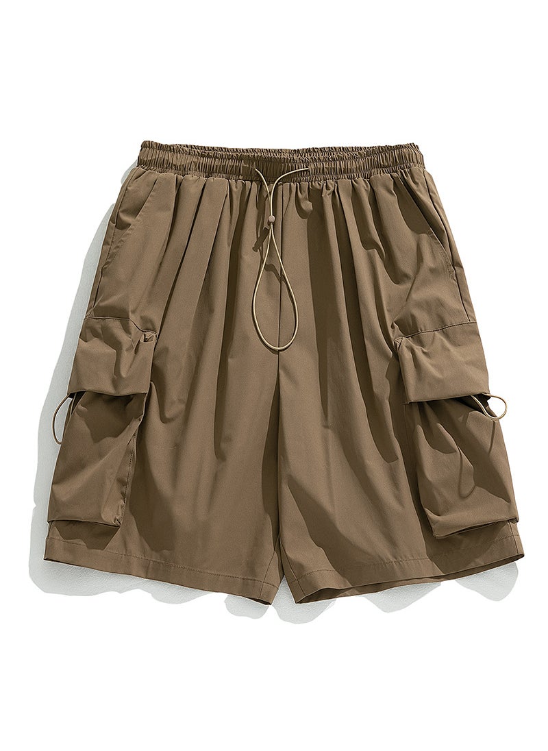 Three-Dimensional Large Pocket Loose Tooling Shorts Mens Summer Casual Stretch Rope Sports Function Japanese Style Half Pants Curry