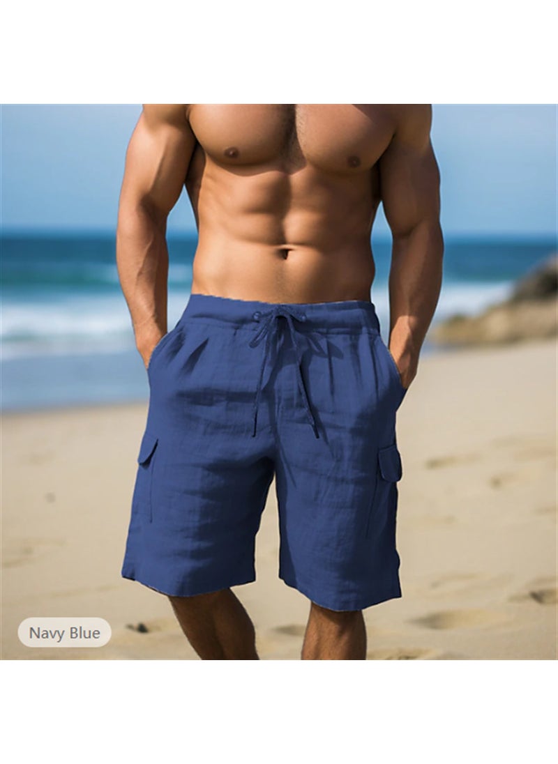 2024 Summer Cotton and Linen Shorts Drawstring Elastic Waist Straight Leg Pure Color Breathable Daily Beach Five-point Casual Mid-pants Navy blue