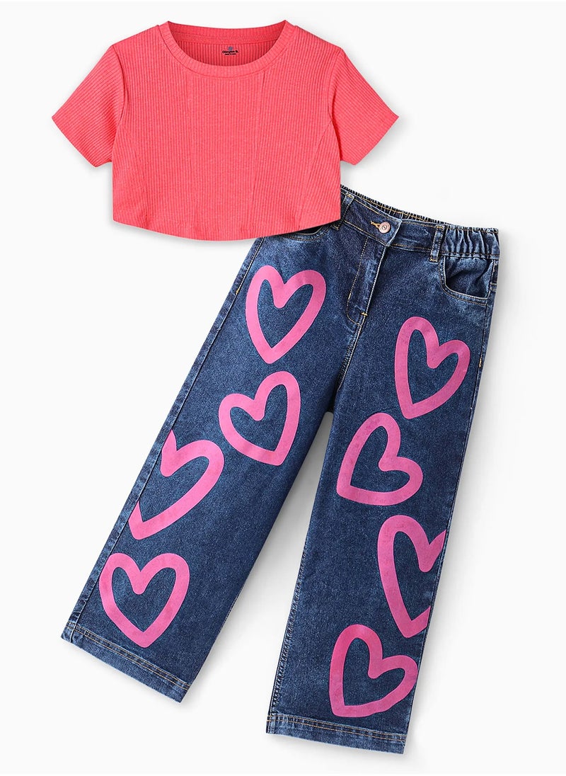 Ollington St. Cotton Rib Half Sleeves Crop Top & Denim Loose Pants With Hearts Print -Neon Pink & Indigo