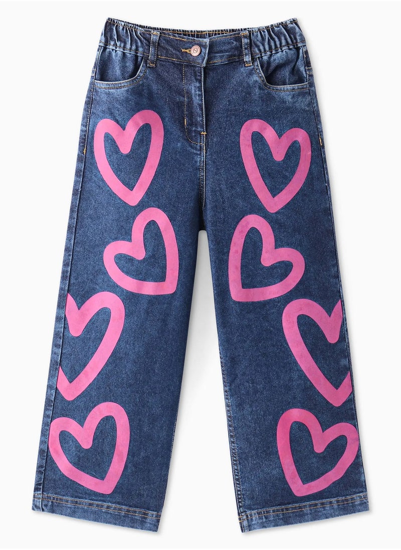 Ollington St. Cotton Rib Half Sleeves Crop Top & Denim Loose Pants With Hearts Print -Neon Pink & Indigo