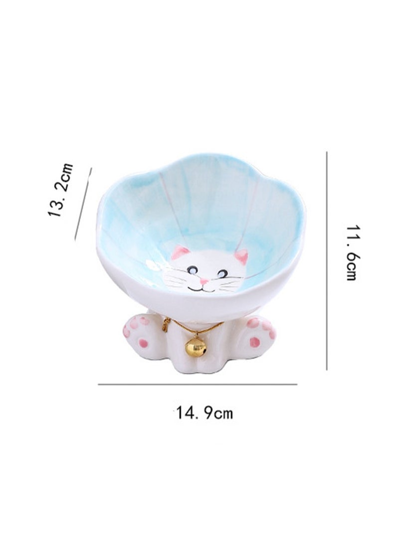 Cat Bowl Ceramic Pet Bowl Large Diameter Cat Food Bowl Dog Food Bowl Anti-Tip Protection Cervical Vertebra Kitten Double Bowl Water Bowl (Blue)