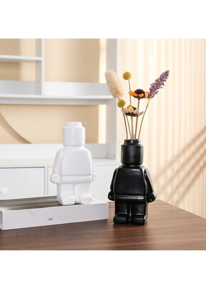 Ceramic Statue, Creativity Robot Tv Cabinet Desktop Flower Vase, Durable Nordic Style Flower Pot, Modern Home Decoration Elegant Design Robot Vase, (1pc, Small, Black)