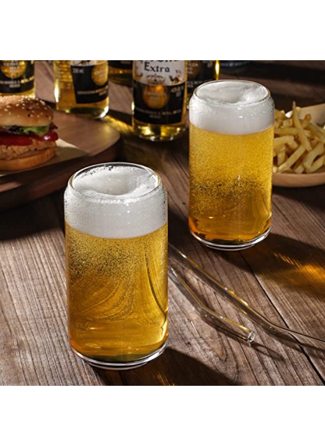 4pcs Set 16oz Can Shaped Glass Cups Beer Glasses Iced Coffee Glasses Cute Tumbler Cup Ideal for Whiskey Soda Tea Water Gift 2 Cleaning Brushes