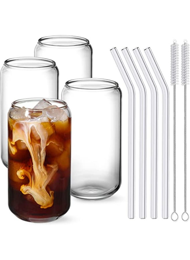 4pcs Set 16oz Can Shaped Glass Cups Beer Glasses Iced Coffee Glasses Cute Tumbler Cup Ideal for Whiskey Soda Tea Water Gift 2 Cleaning Brushes