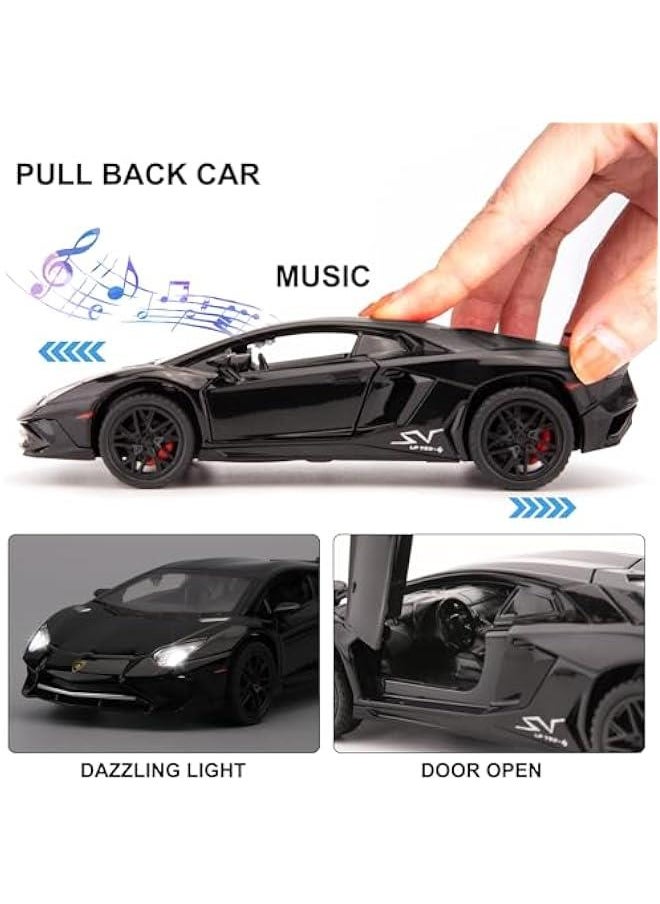 1:32 Lambo LP750 Model Pull Back Car Toy car with Sound and Light for Kids Boy Girl, Metal Body, Door Opened, Black