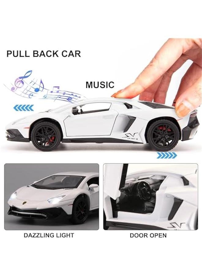 1:32 Lambo LP750 Model Pull Back Car with Sound and Light for Kids Boy Girl, Metal Body, Door Opened, White