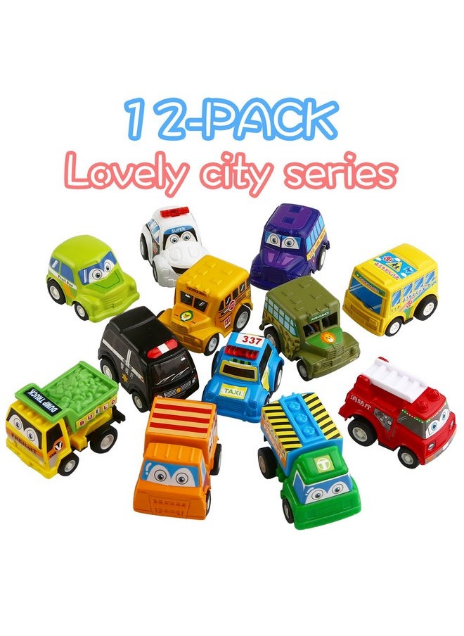 Funcorn Toys Pull Back Car, 12 Pack Assorted Mini Plastic Vehicle Set, Pull Back Truck and Car Toys for Boys Kids Toddler Party Favors,Die Cast Car Toy Play Set