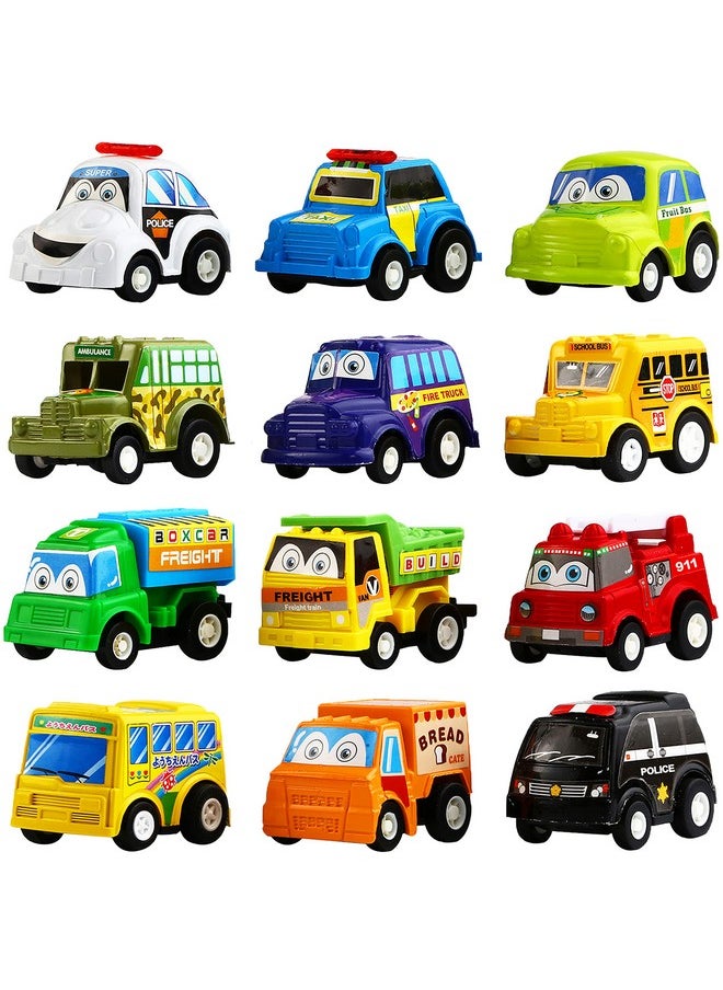 Funcorn Toys Pull Back Car, 12 Pack Assorted Mini Plastic Vehicle Set, Pull Back Truck and Car Toys for Boys Kids Toddler Party Favors,Die Cast Car Toy Play Set