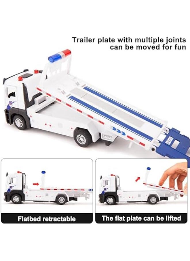 Friction Powered Flatbed Truck Police Car Toy with Lights and Sounds, Push and Go Construction Toy Tow Truck Great Gift for Toddlers, Boys and Girls