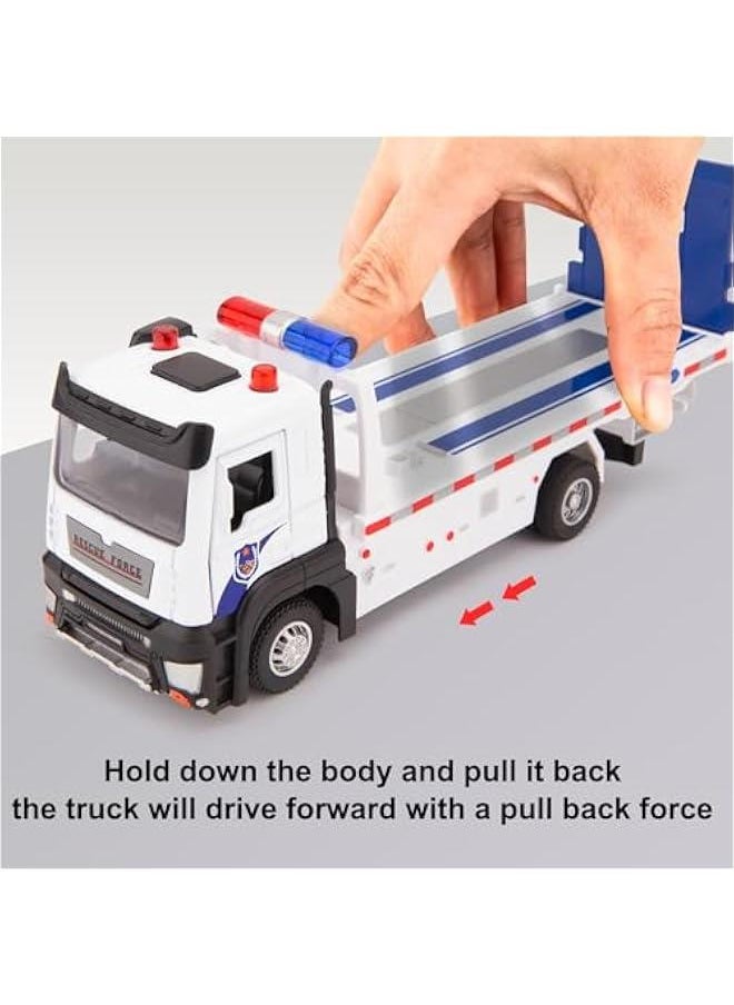 Friction Powered Flatbed Truck Police Car Toy with Lights and Sounds, Push and Go Construction Toy Tow Truck Great Gift for Toddlers, Boys and Girls